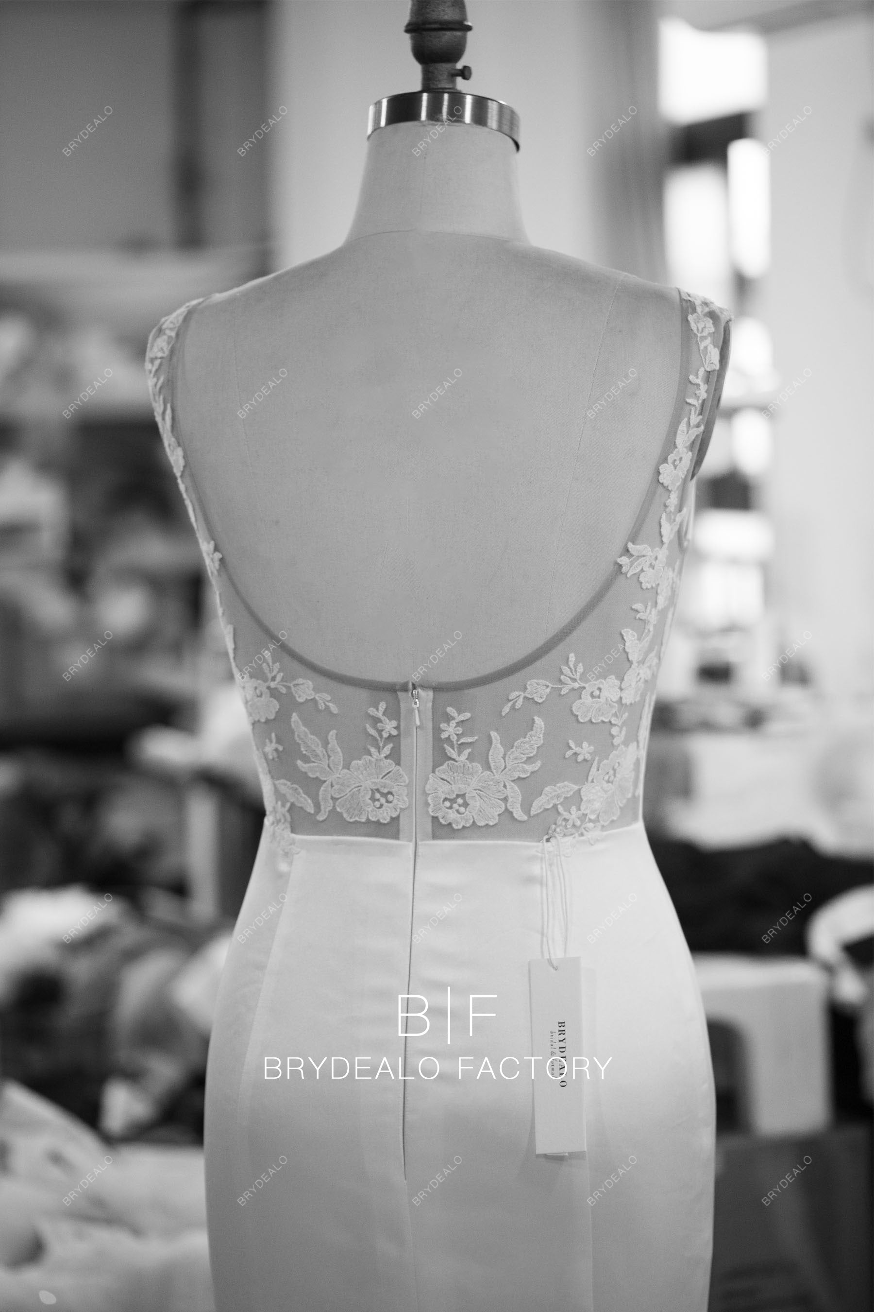 Custom-Made Illusion Lace Back Satin Wedding Dress 