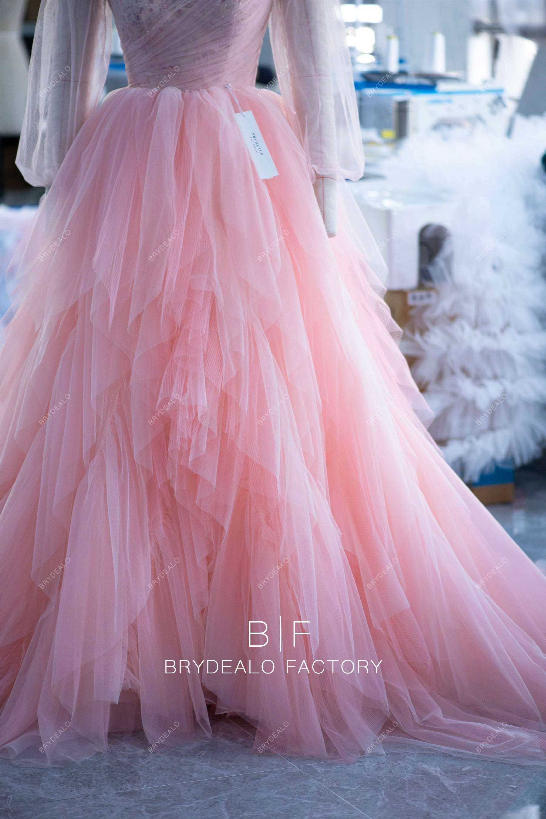 glitter pleated pink detachable sleeve wedding gown