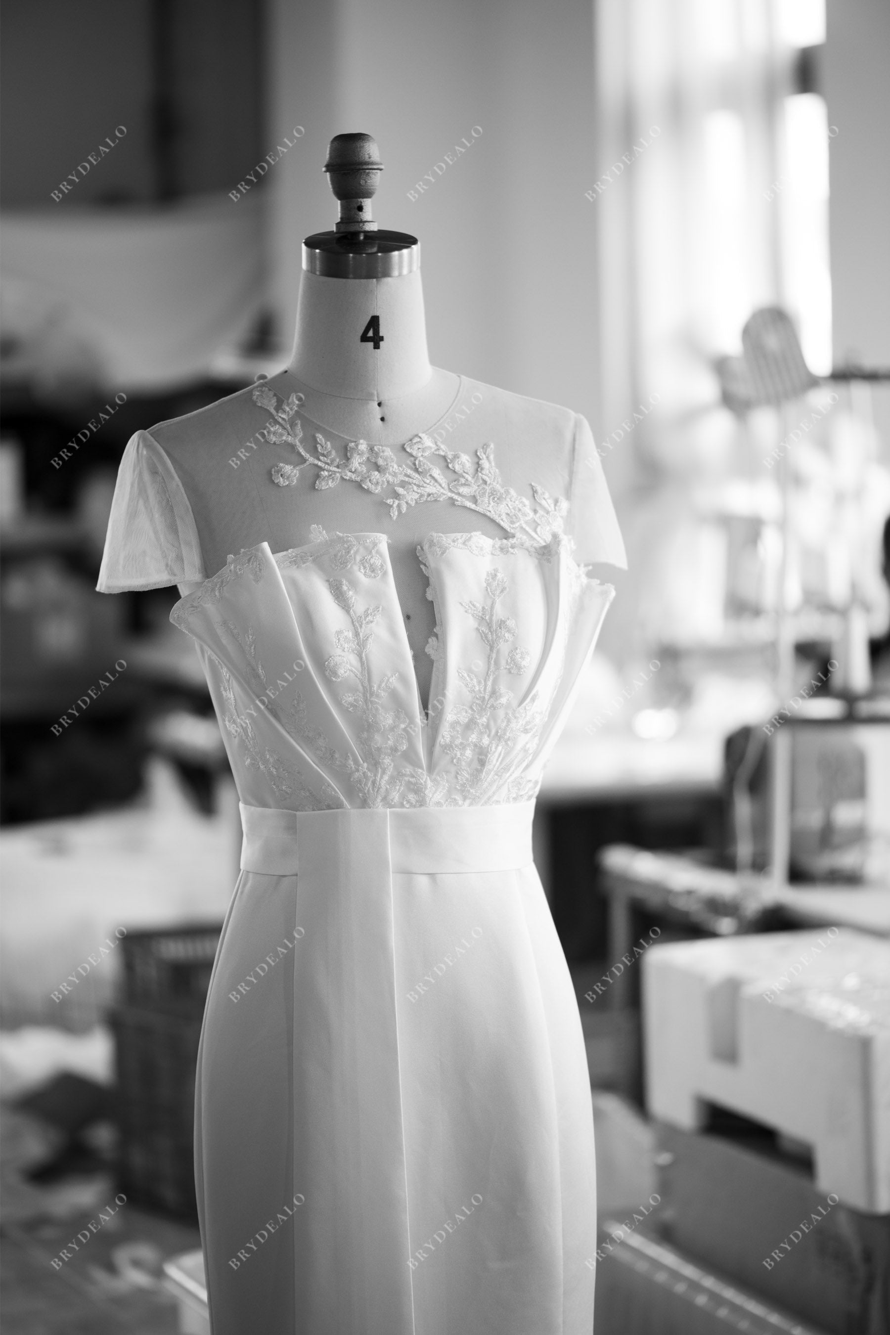 designer pleated neck lace satin wedding gown