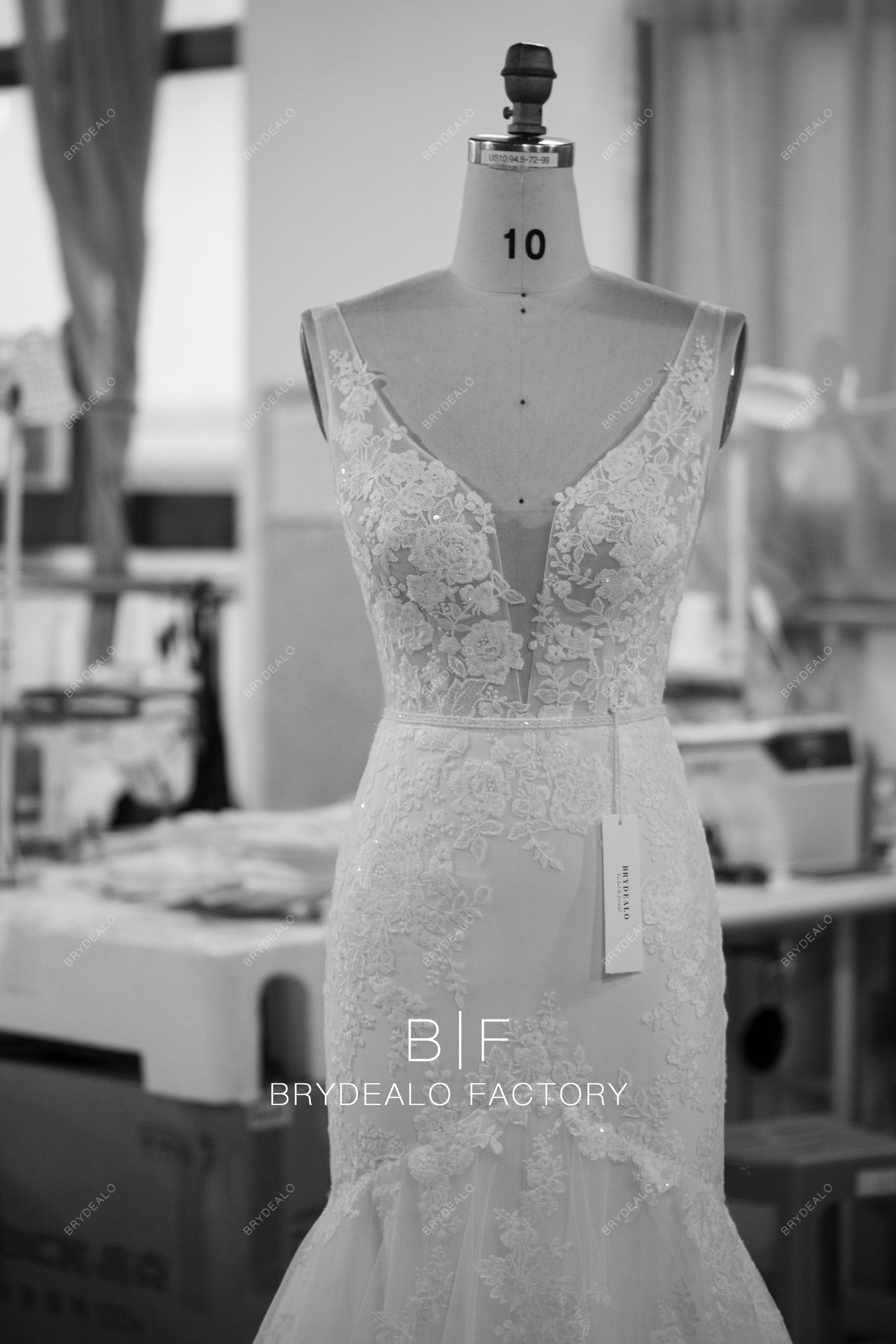 customized plunging beaded lace mermaid wedding dress