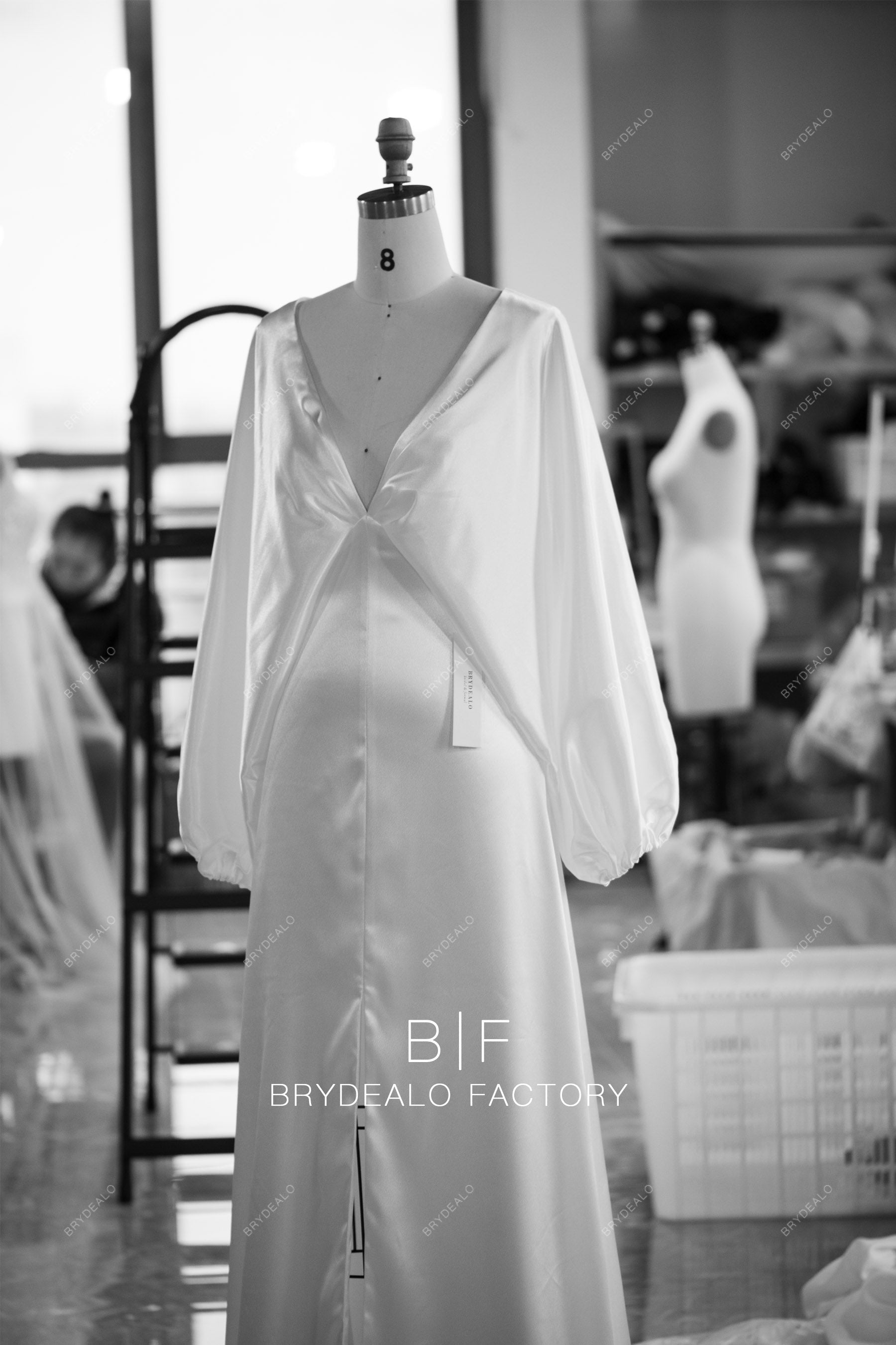 custom plunging neck puffy sleeves wedding dress