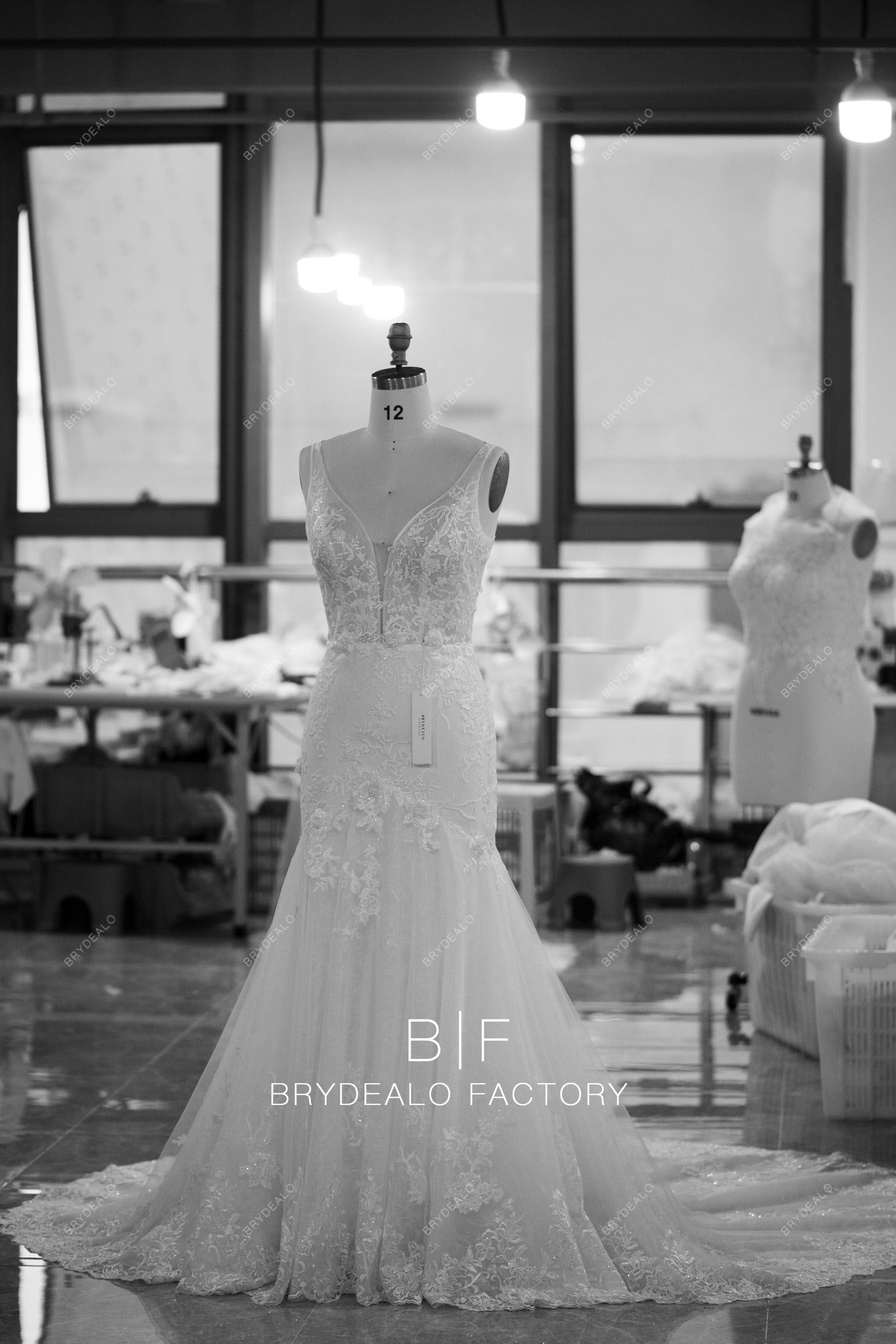 designed plunging shimmery lace court train mermaid bridal dress