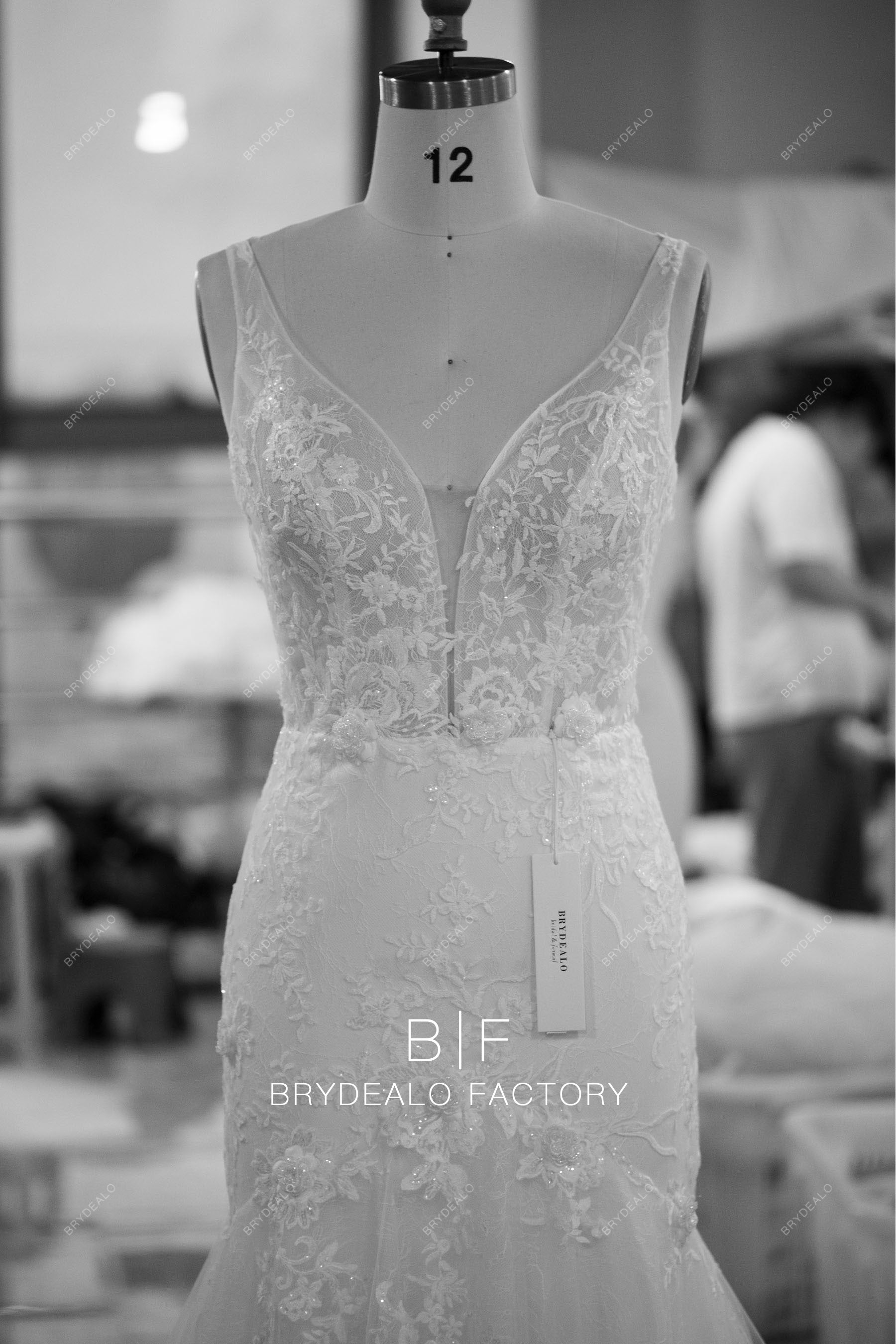 custom plunging neck sleeveless shimmery lace mermaid wedding dress