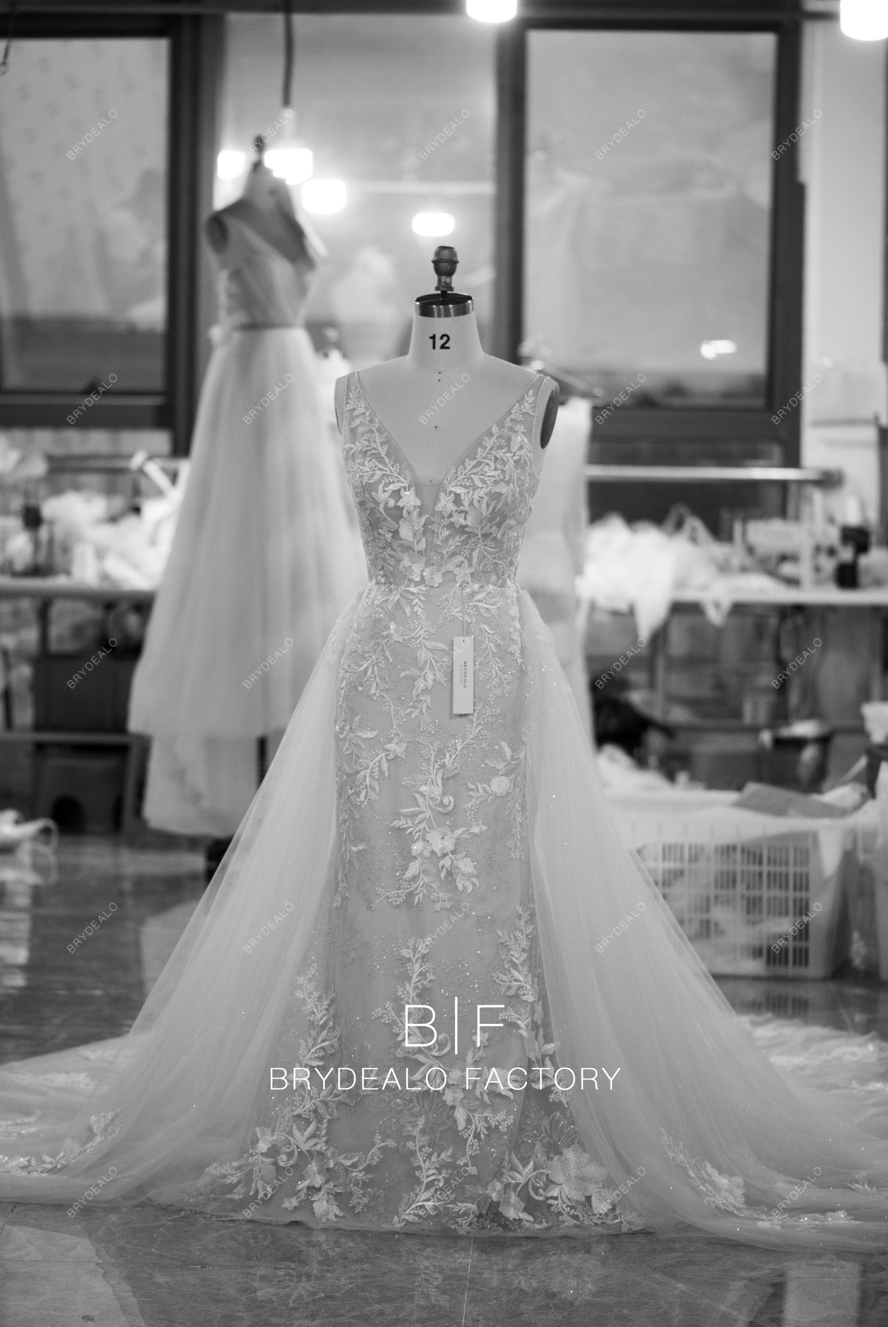 detachable tulle overskirt lace wedding dress
