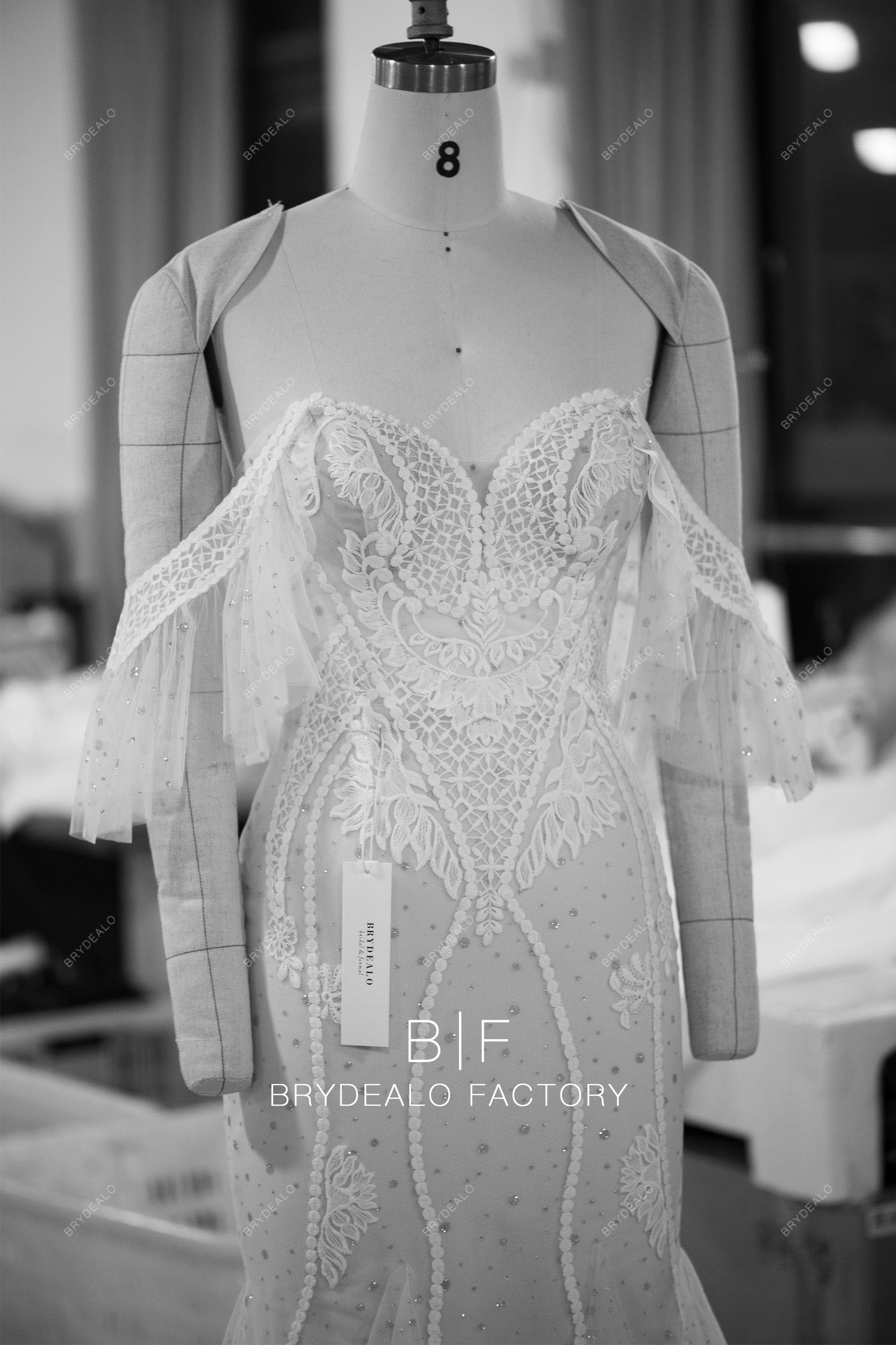custom ruffled off shoulder lace wedding dress