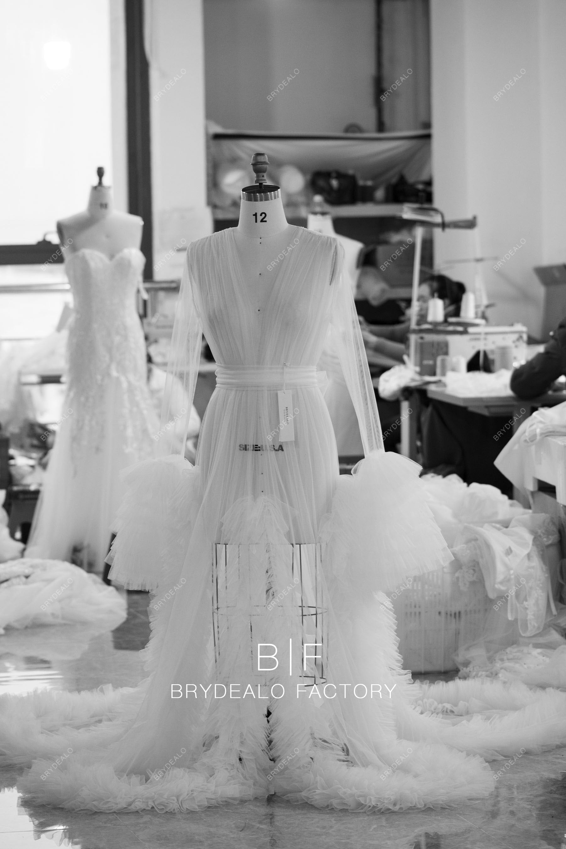 custom ruffled tulle detachable sash bridal robe