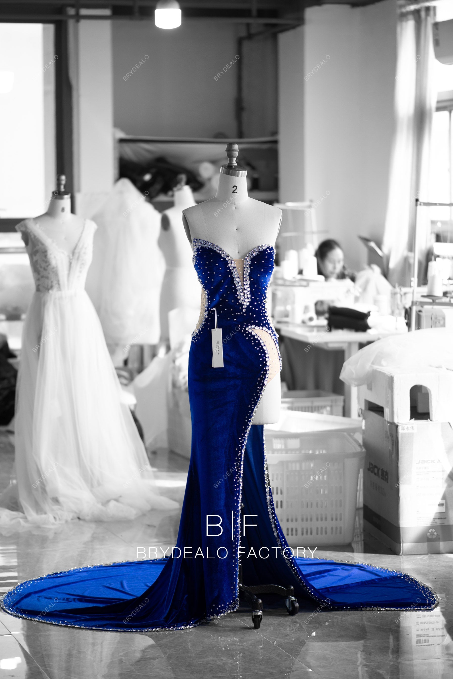 custom royal blue velvet rhinestones formal dress