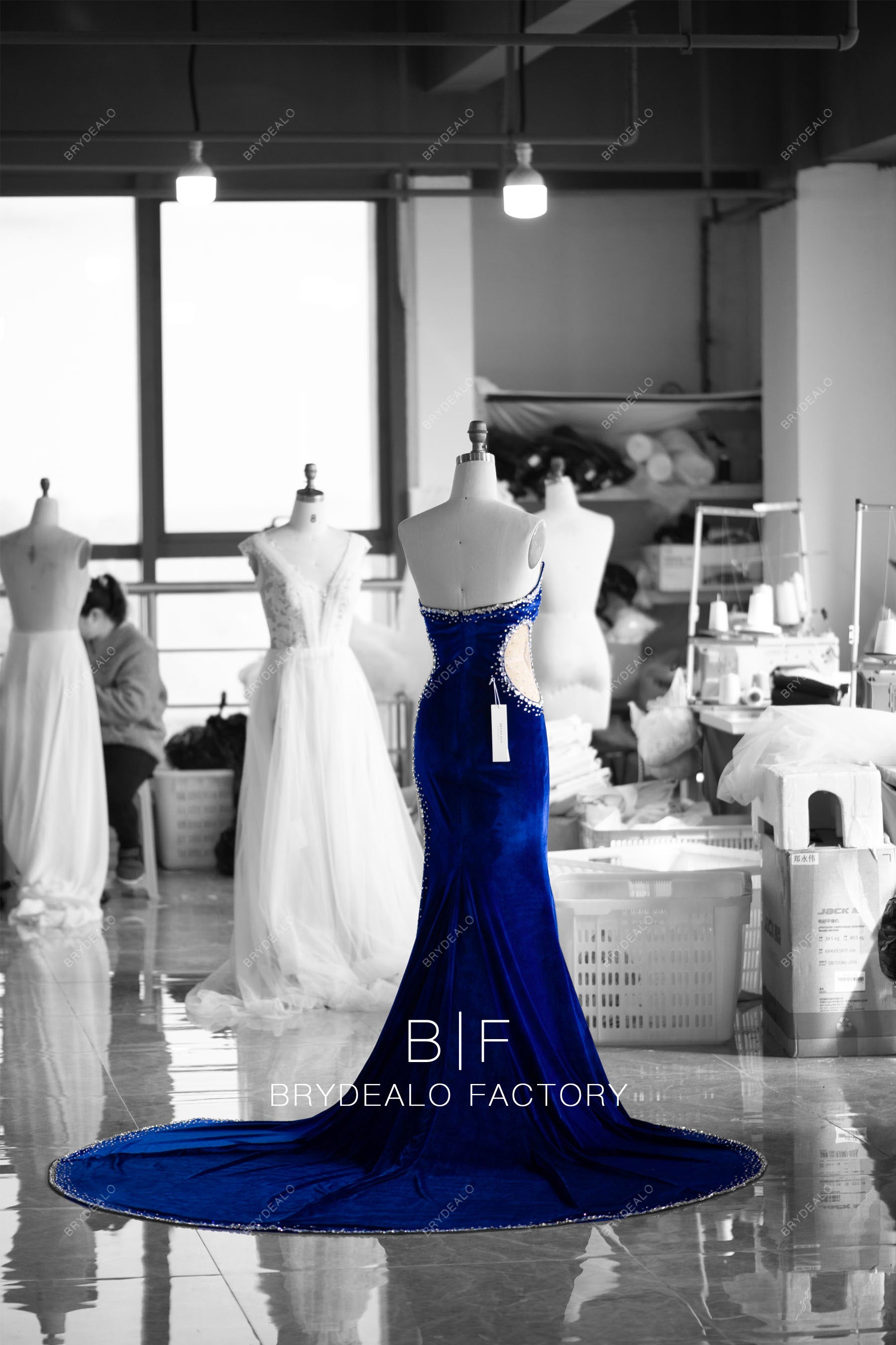 tailored long train mermaid royal blue velvet prom gown