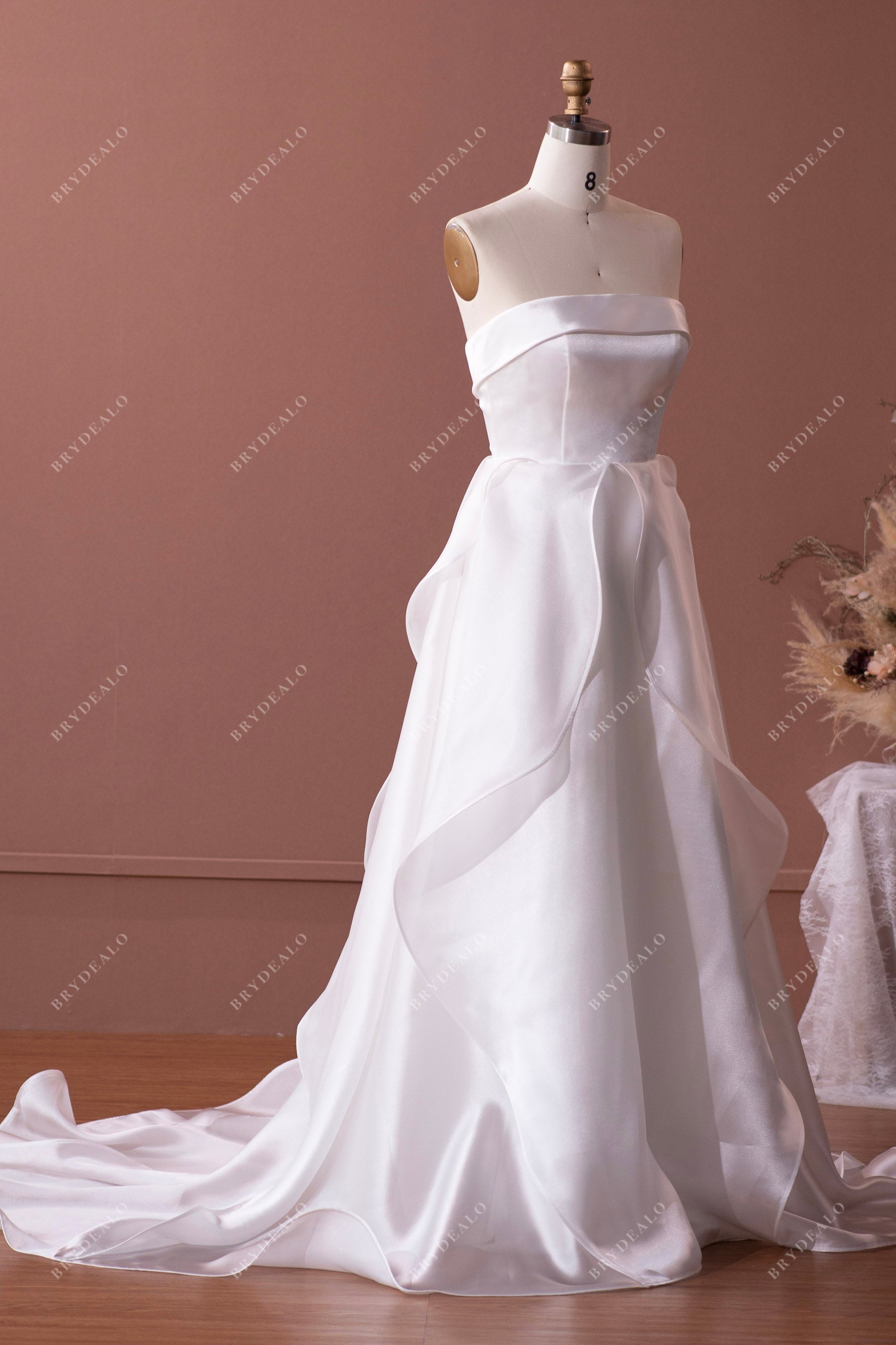 Tailored Strapless Flowing Organza Ruffled Wedding Dress