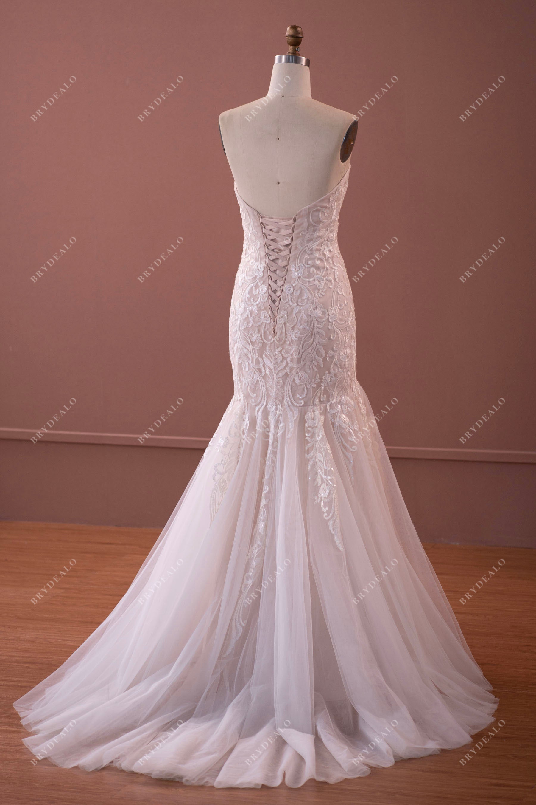 tailored court train mermaid lace spring fall wedding dress