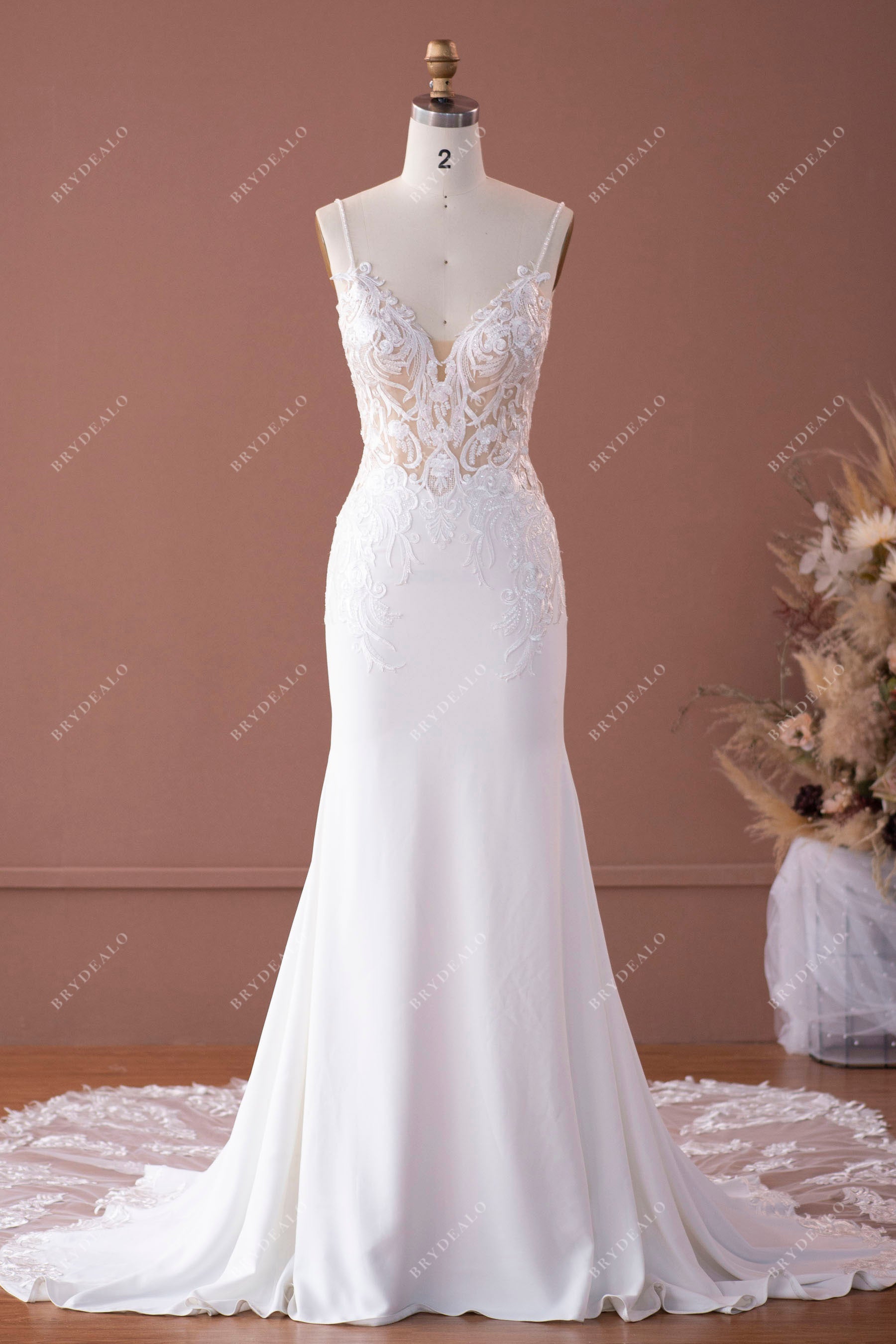 spaghetti straps mermaid crepe fall wedding dress