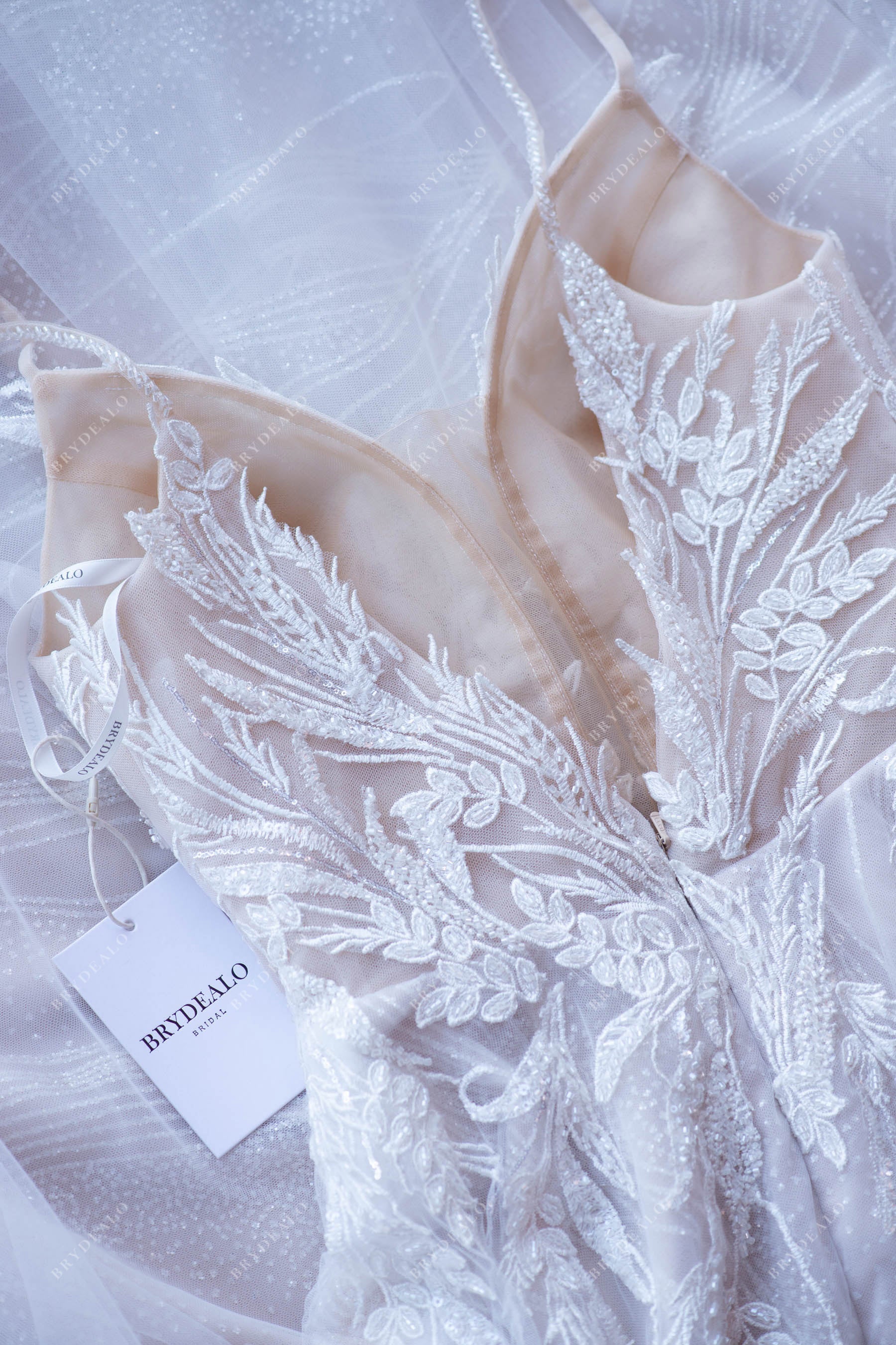 Shimmery Lace Beaded Strap Plunging Wedding Gown