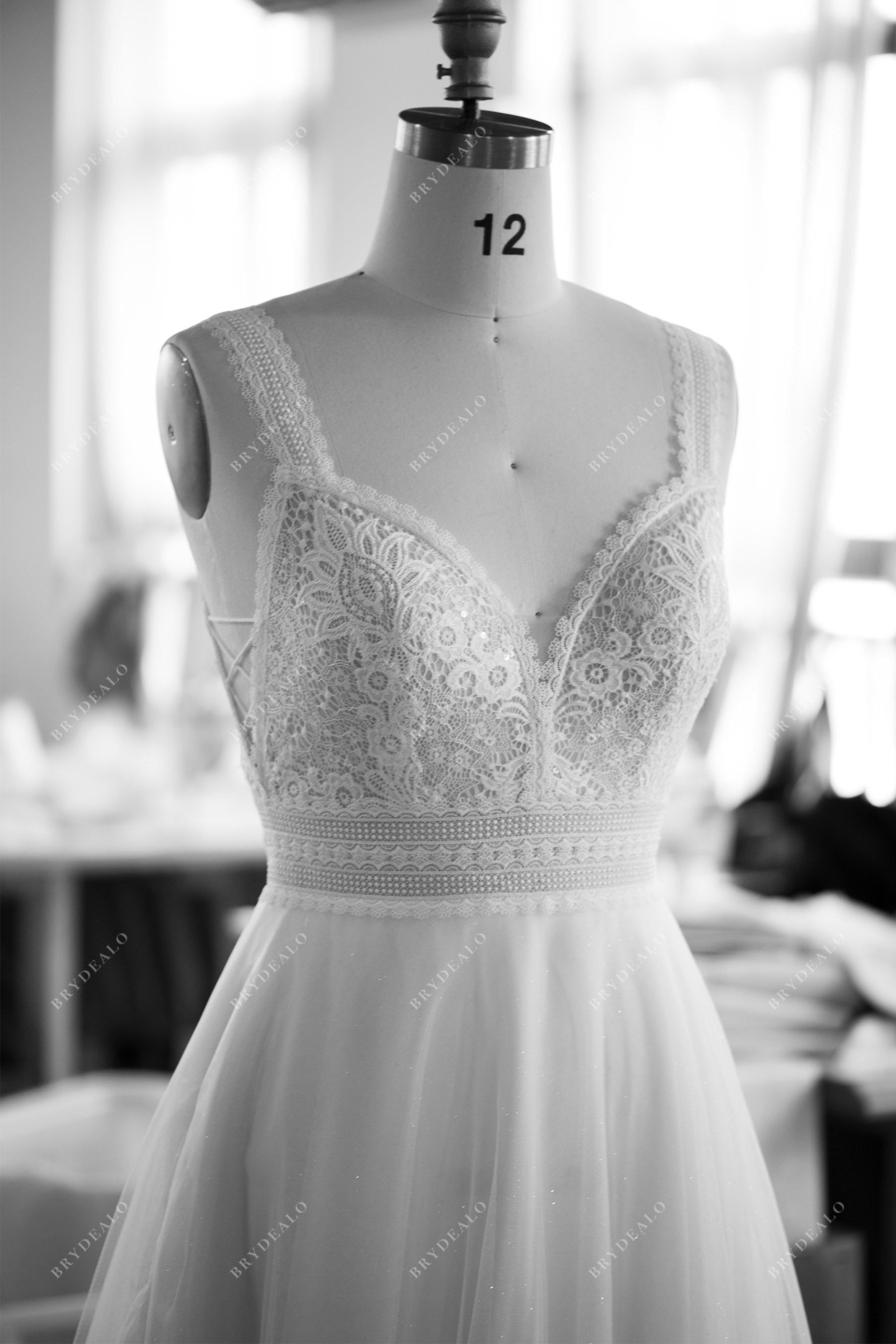 lace straps sleeveless plunging neck tulle wedding dress