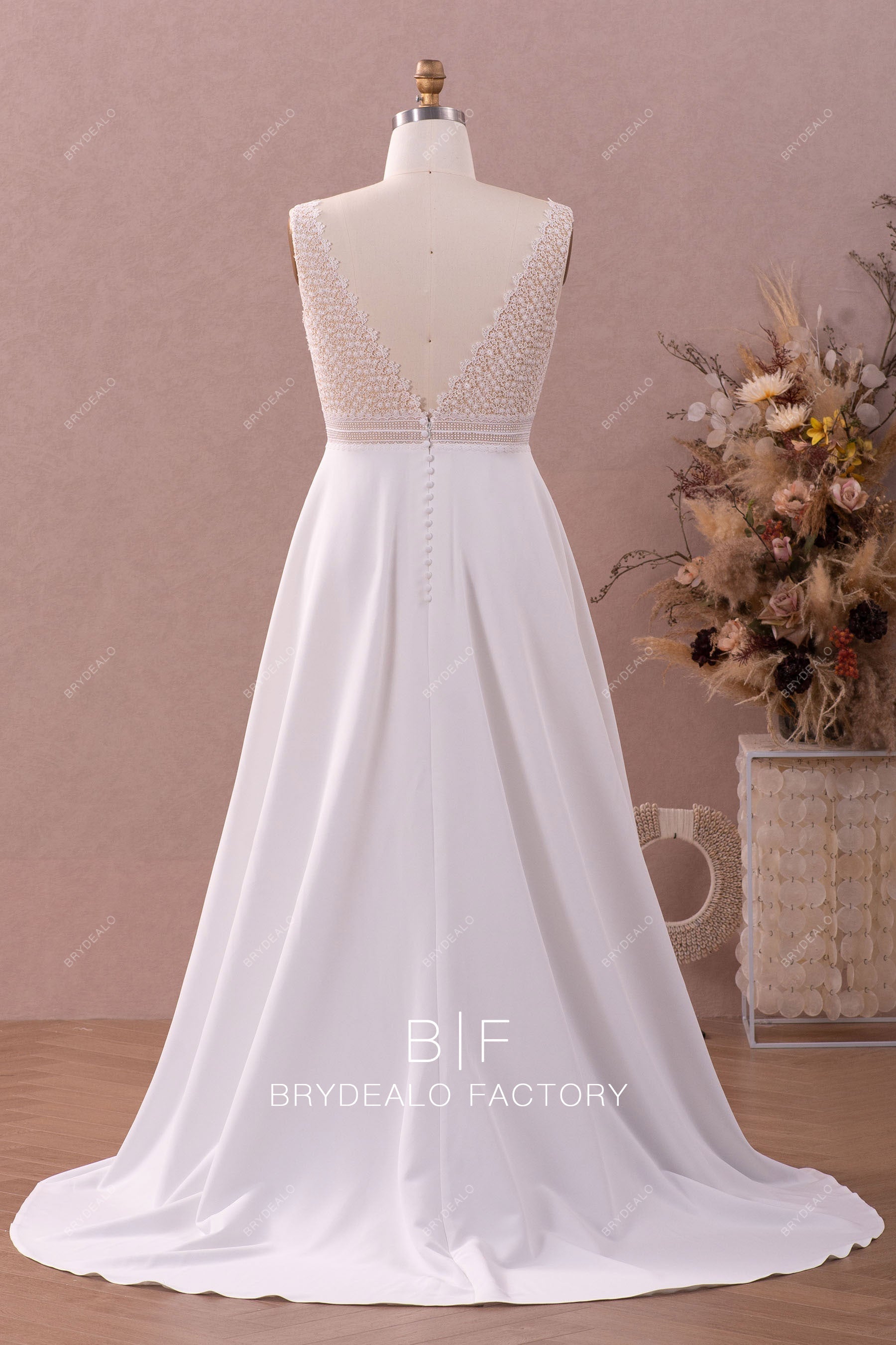 open v-back lace long fall wedding dress