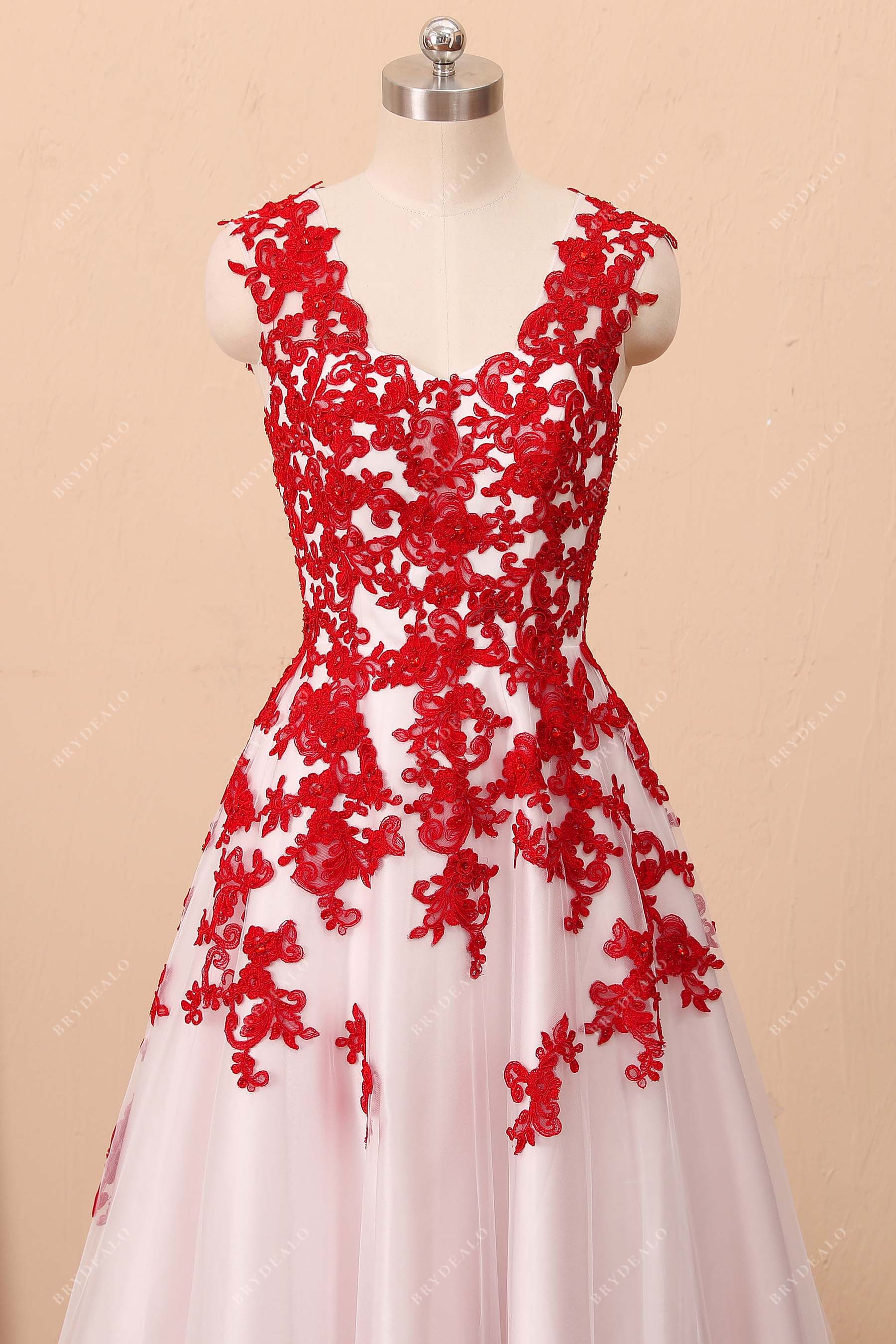 Fancy Red Lace Ivory Satin V-neck Wedding Dress Brydealo Fancy Red Lace Ivory Satin V-neck Wedding Dress Brydealo